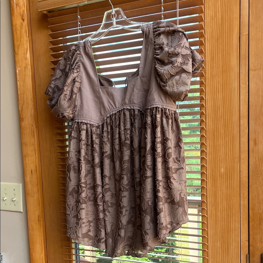 Free People Brown Lace Puff Sleeve Blouse